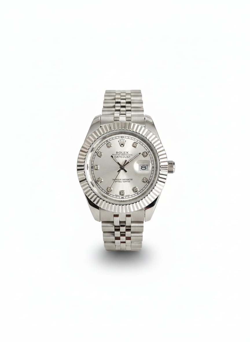 Rolex Silver watch with a white face on -Aurexis.shop