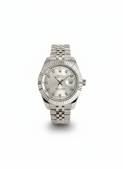 Rolex Silver watch with a white face on -Aurexis.shop
